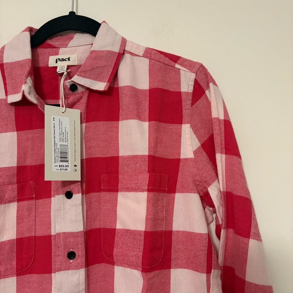 Pact Mila Flannel Shirt Women’s S Red Gingham 100% Organic Cotton NWT